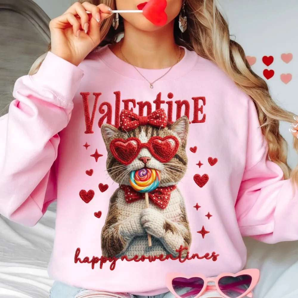 

Вязаный крючком кот на день Святого Валентина, синтетическая пряжа с защелкой, толстовка с графическим принтом, современный свитер с дизайном в виде сердца на день Святого Валентина для женщин