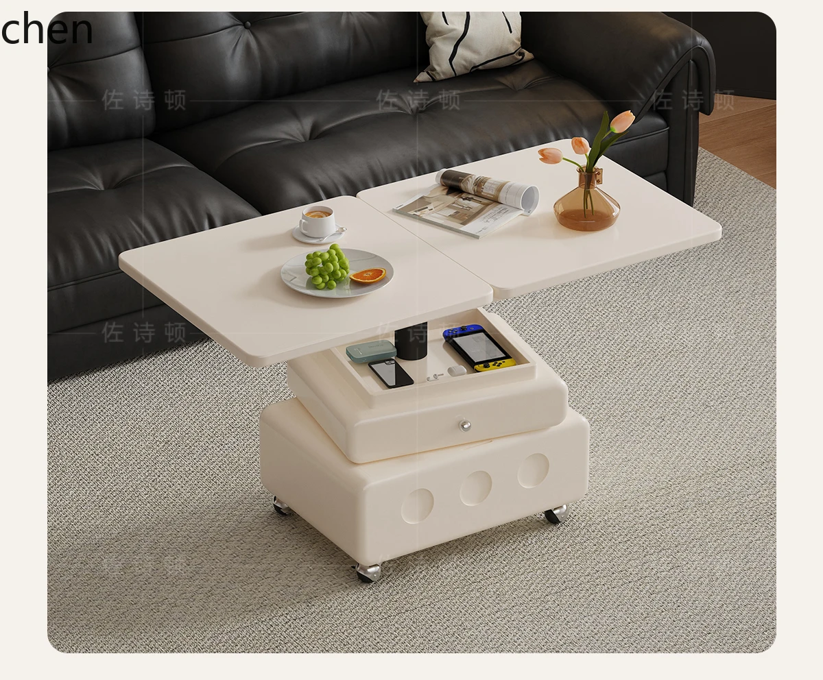 HT White Solid Wood Adjustable Dual-use Dining Table Mobile Folding Tea Table Ready to ship and purchase with peace of mind