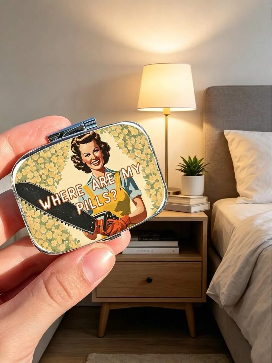 1pc Vintage Metal Pill Box, Where Are My Pills Design, Portable Dual Compartment Medicine Organizer, Material, Perfect For Pocket, Purse, And Travel, Unique Gift Choice.