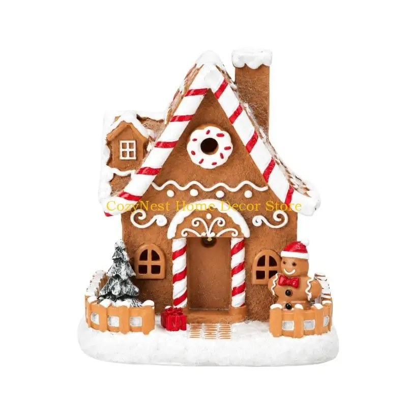 92MF Christmas Cookie Cottage Figurine with Warm LED Light and Raised Features for Dining Tables, Shelves, Desks, and Indoor