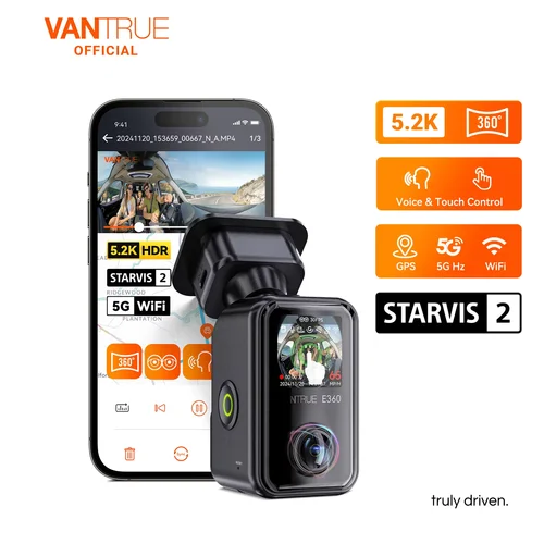 Vantrue E360 Dashcam 360 °   5.2K Panorámica 5GHz WiFi y GPS Cámara dual STARVIS 2 IR Visión nocturna Control de voz Pantalla táctil para automóviles