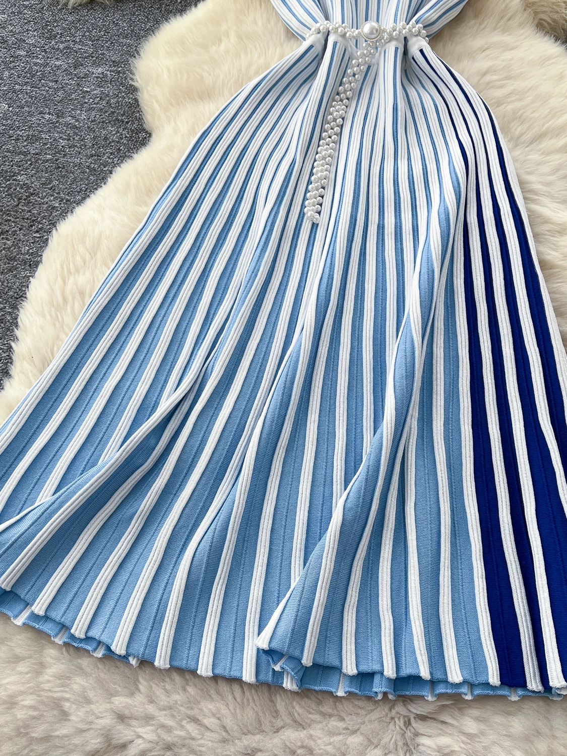 Ele Knitted Stripe Svel Dr Women's Summer Asymmetrical Collar Belted Light Maturi Long Skirt High Waist A-Line