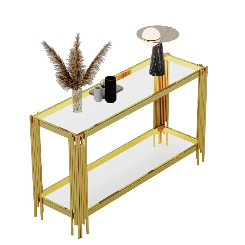 Steel Leg, 2-Tier Narrow Console Table with Storage,Modern Entryway Table with Gold Stainless