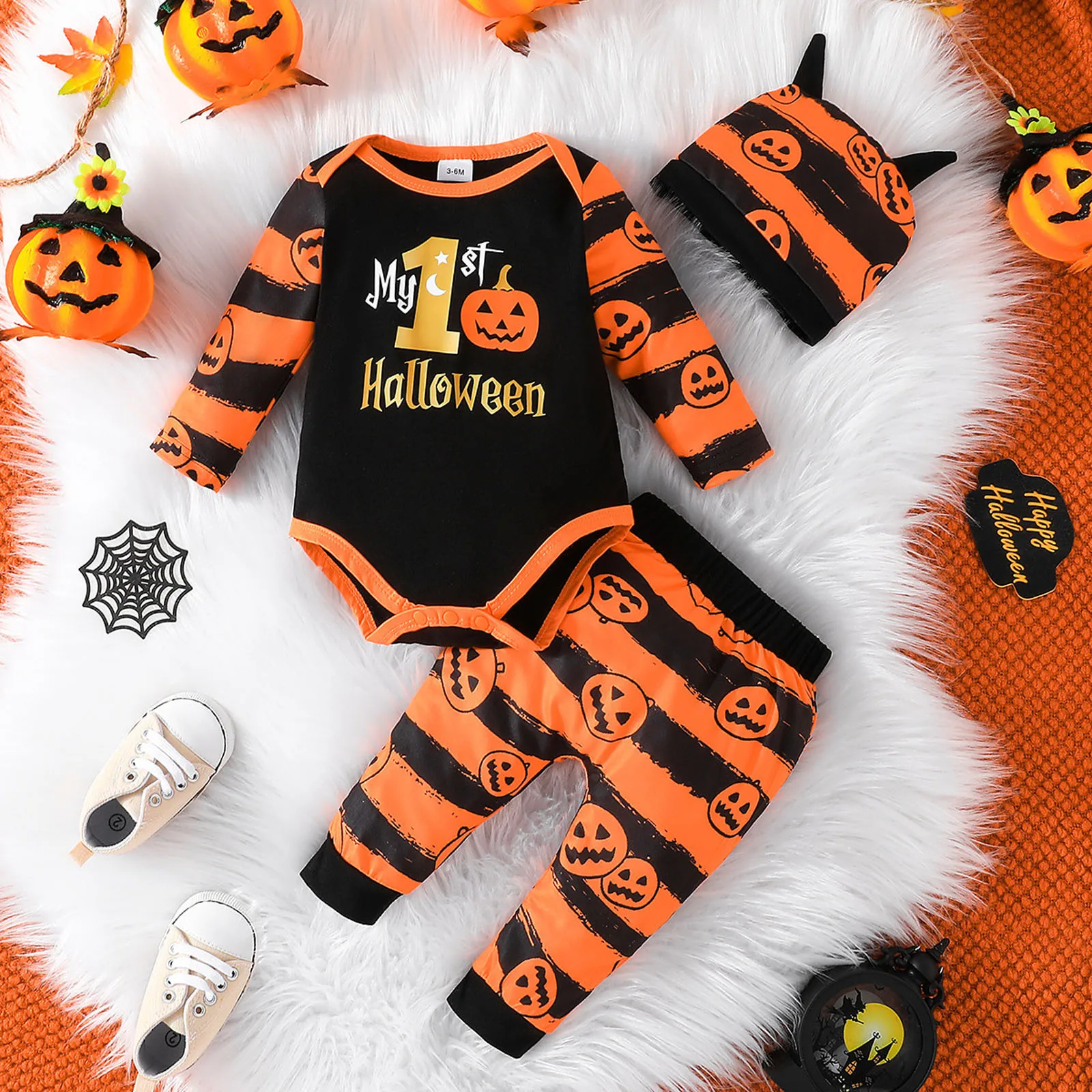 My First Halloween Baby Outfit Sets For Boys Girls Pumpkin Romper+Orange Black Patchwork Romper Pants+Hat Baby Halloween Clothes