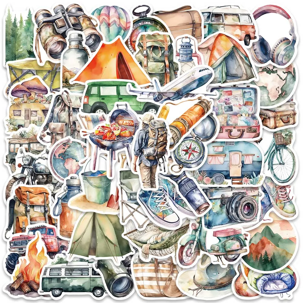 50pcs Cartoon Watercolor Outdoor Travel Camping Stickers For Laptop Phone Luggage Water Bottle Bicycle Car Vinyl Decals