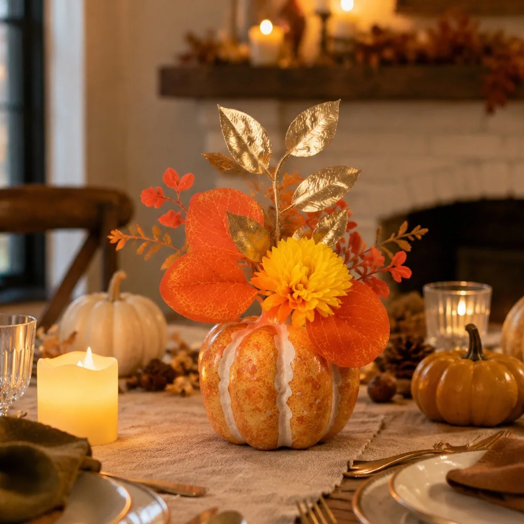 Artificial Pumpkin Fall Floral Arrangement Tabletop Ornament for Halloween Thanksgiving Harvest Festival Home Party Decor