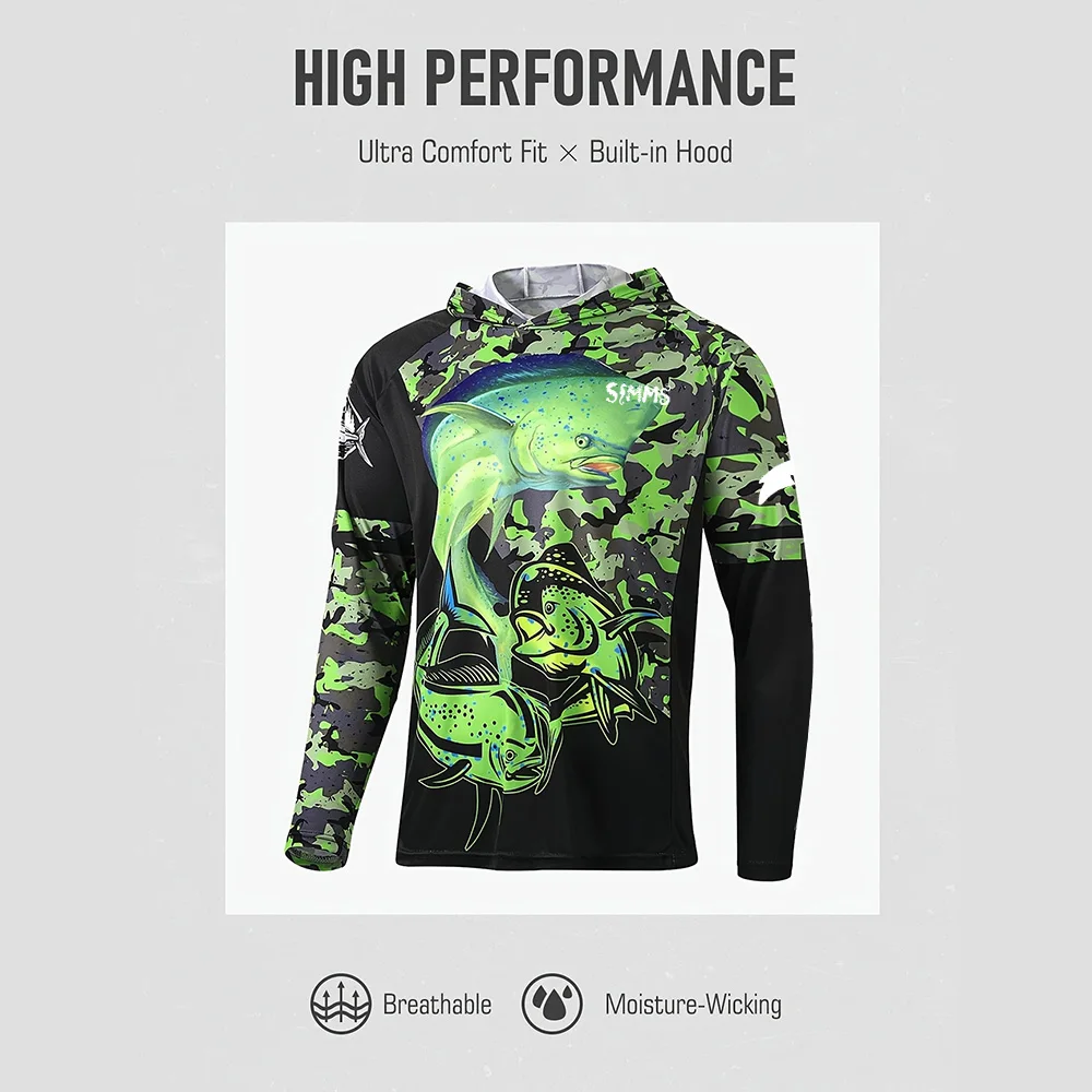 Fishing shirt hooded outdoor UV protection plus men green big head fish print moisture wicking UPF50+fish suit quick drying top