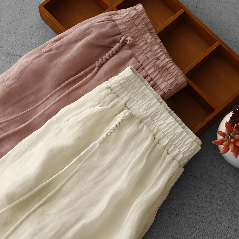 High Waist Wide Leg Cotton Linen Skirt Pants Women's Autumn Loose Casual Straight Tube Pants Double Layered Pure Color