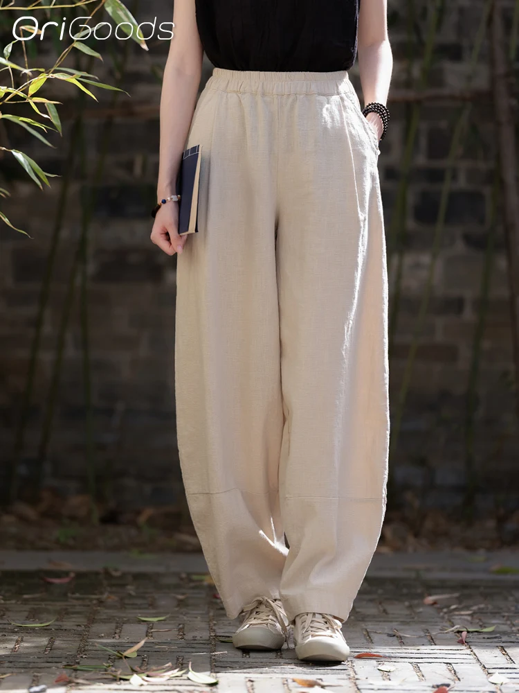 OriGoods Summer Pants Women Ramie Cotton Elastic Waist Harem Pants Vintage Elegant Loose Zen Style Pants Ladies Beige Navy C040