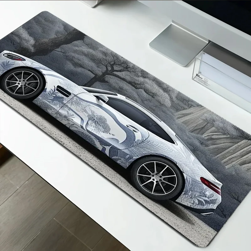 Large White Sports Car Design Gaming Mouse Pad Anti-Slip Rubber Base Extended Desk Mat for Gamer Office Use Computer Accessories