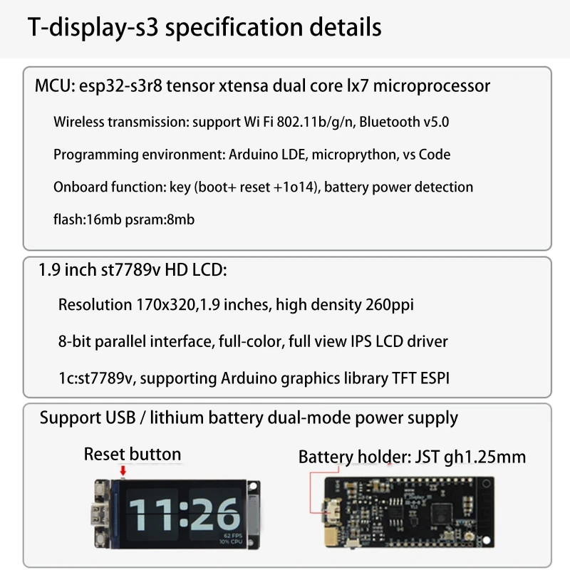 T-Display-S3 Development Board Wireless WIFI BT5.0 Module ESP32-S3 ST7789 1.9 in