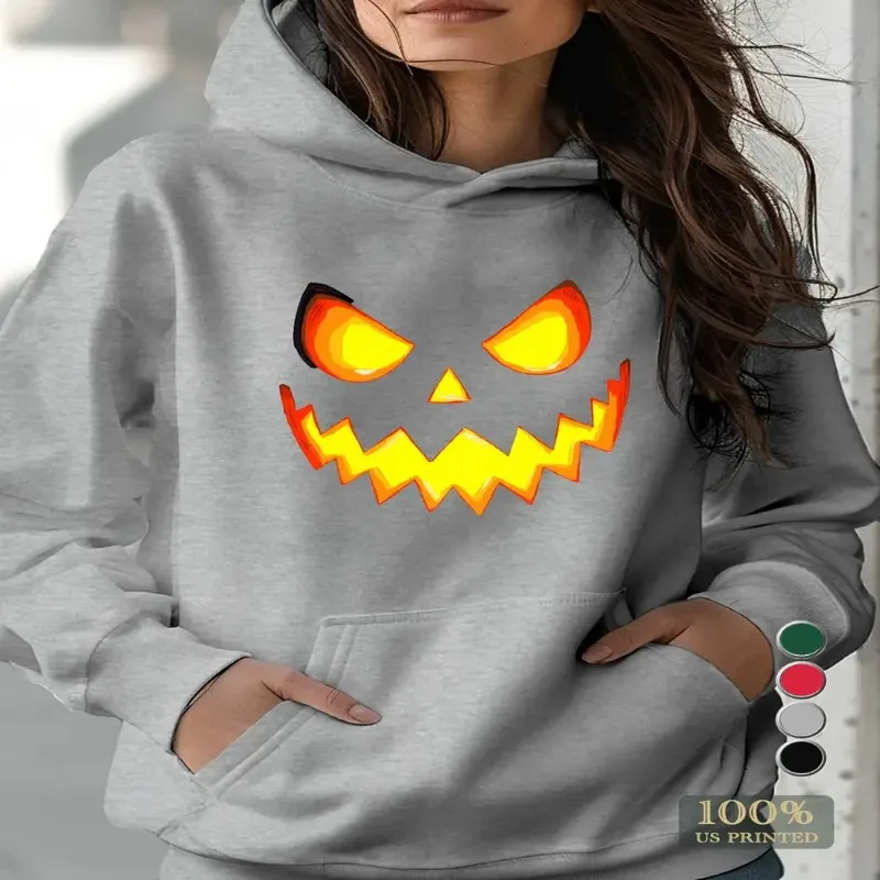 

Осенне-зимний свитшот больших размеров для женщин Ominous Jack Lantern Face Design с длинным рукавом, обычная длина, топ с круглым вырезом, уличный стиль