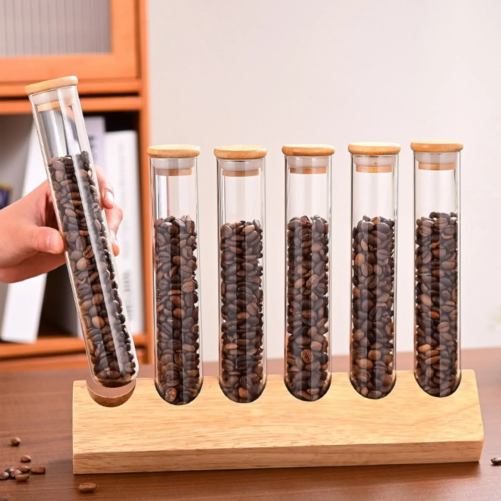 Glass Tube Container Set with Wooden Stand Clear View Design Glass Tube Wooden Rack Set Coffee Bean Display Stand Easy to Clean view 6