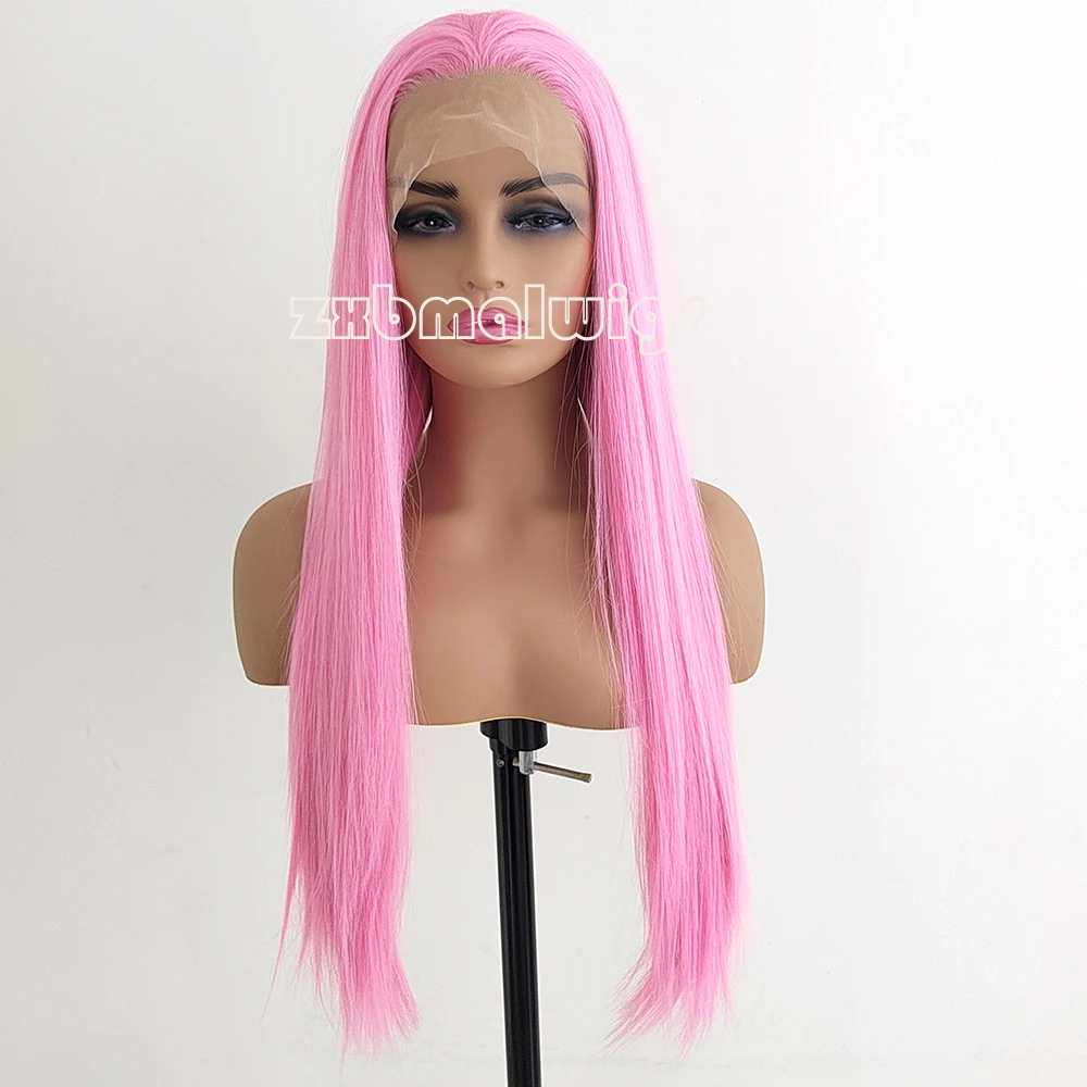 Pink Color Straight Synthetic Hair Lace Front Wig for Women Free Part Glueless Cosplay Heat Resistant Fiber