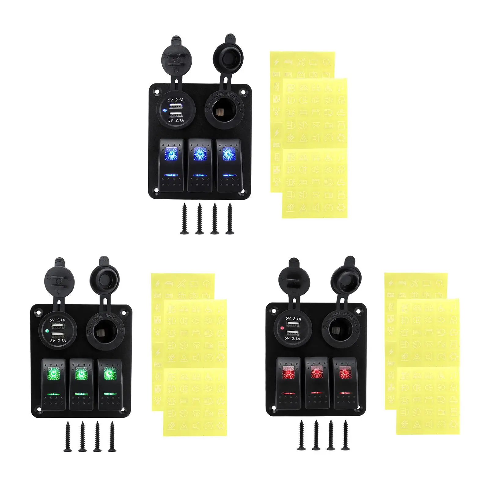 Marine 3 Gang Rocker Switch Panel Aluminum Dual USB Charger Lighter Socket for Truck RV Car
