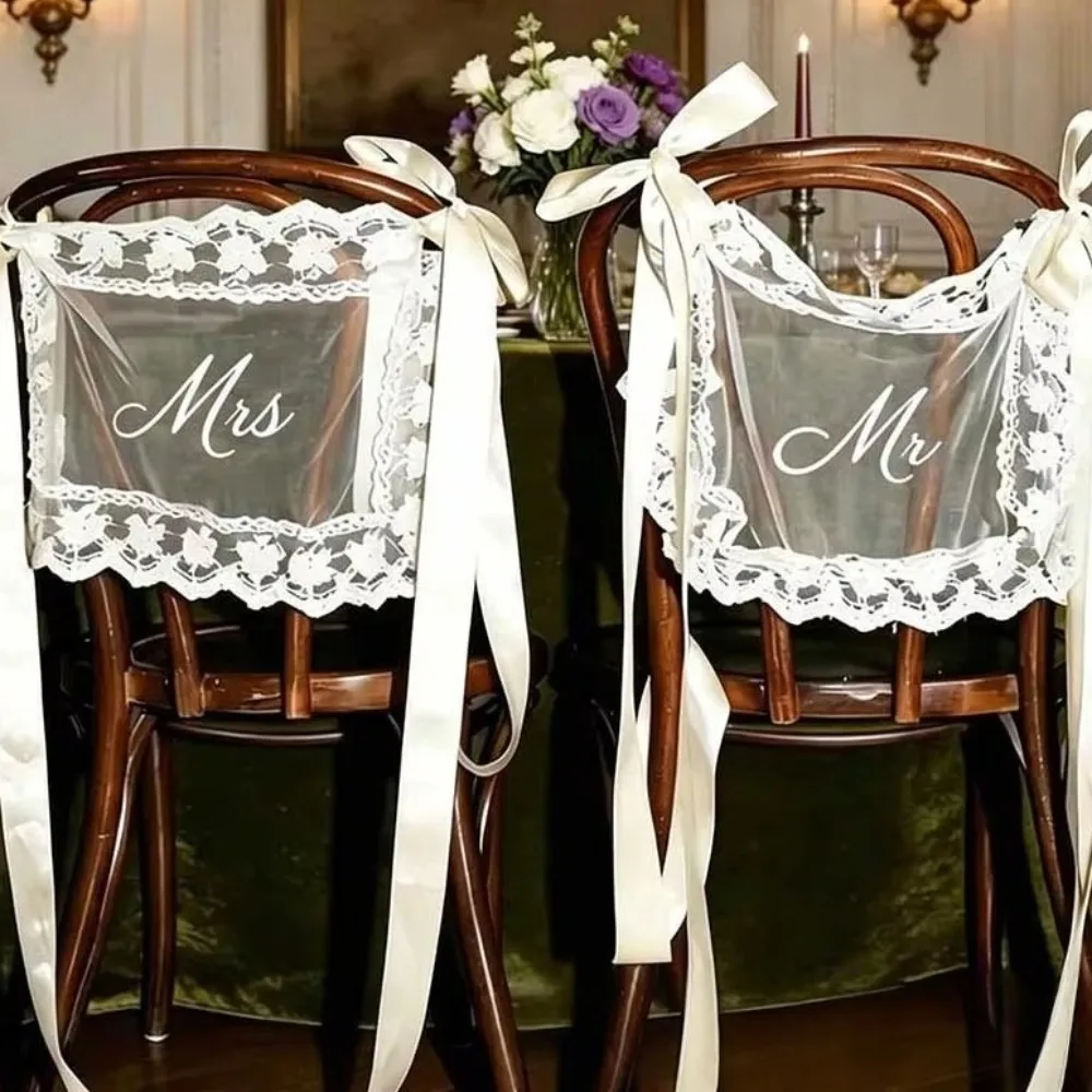 2PCS French Romantic Wedding Chair Back Lace Cover Creative Reusable Strap Chair Cover Multi Purpose Wedding Chair Decoration