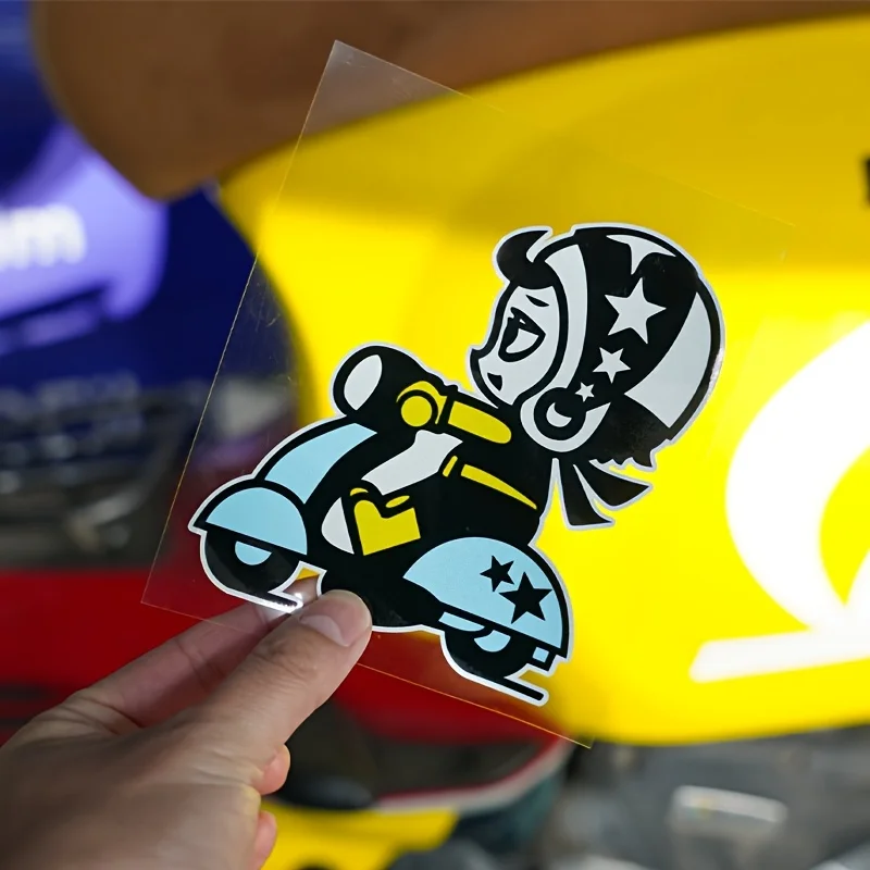 Reflective Motorcycle Girl Sticker, Waterproof Glossy Decal for Bike Helmet Car Laptop, Star Blue Rim Skate Rider Design