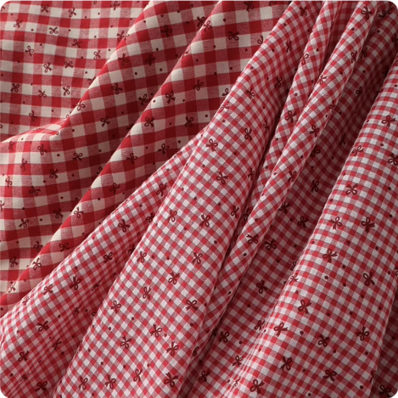 

checkered polyester-cotton yarn-dyed fabric red bow printed clothing hair band handmade diy fabric