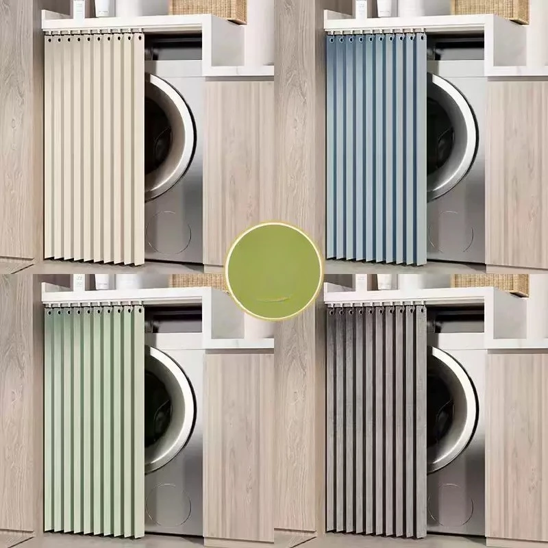 Folding Cabinet Curtain with Self-Adhesive Track for Washing Machine Kitchen Cupboard Door Cover Sun Shade Waterproof Curtain