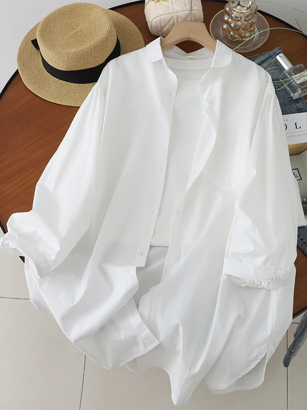 

Повседневная универсальная женская блузка с маленьким воротником и длинным рукавом, весна 2026, большие размеры, свободный крой, модный омолаживающий топ, трендовый