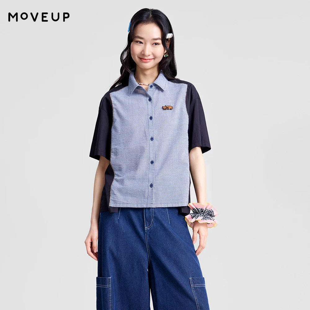 

MOVEUP Short-Sleeve Shirt 2026 Spring New Drop Sleeve Cat Embroidery Plaid Patchwork Shirt For Women Commuter Tops 3ELC20428