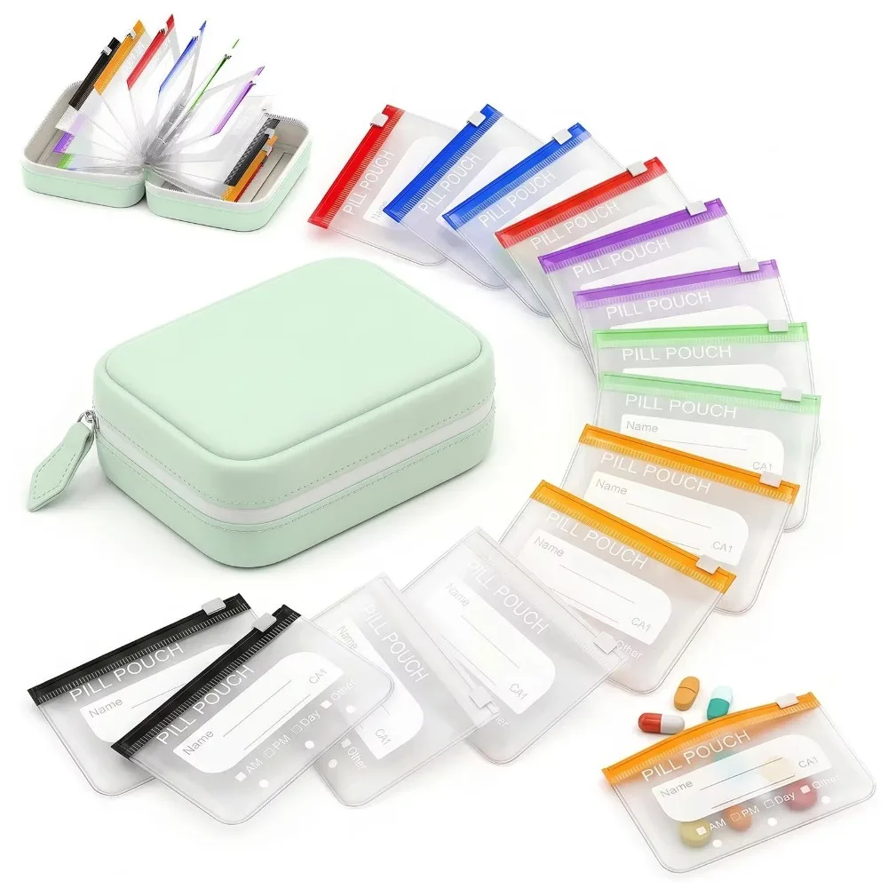 Waterproof A8 pill compartment storage clip, travel week medical bag, 14 zipper bags, wallet style handbag