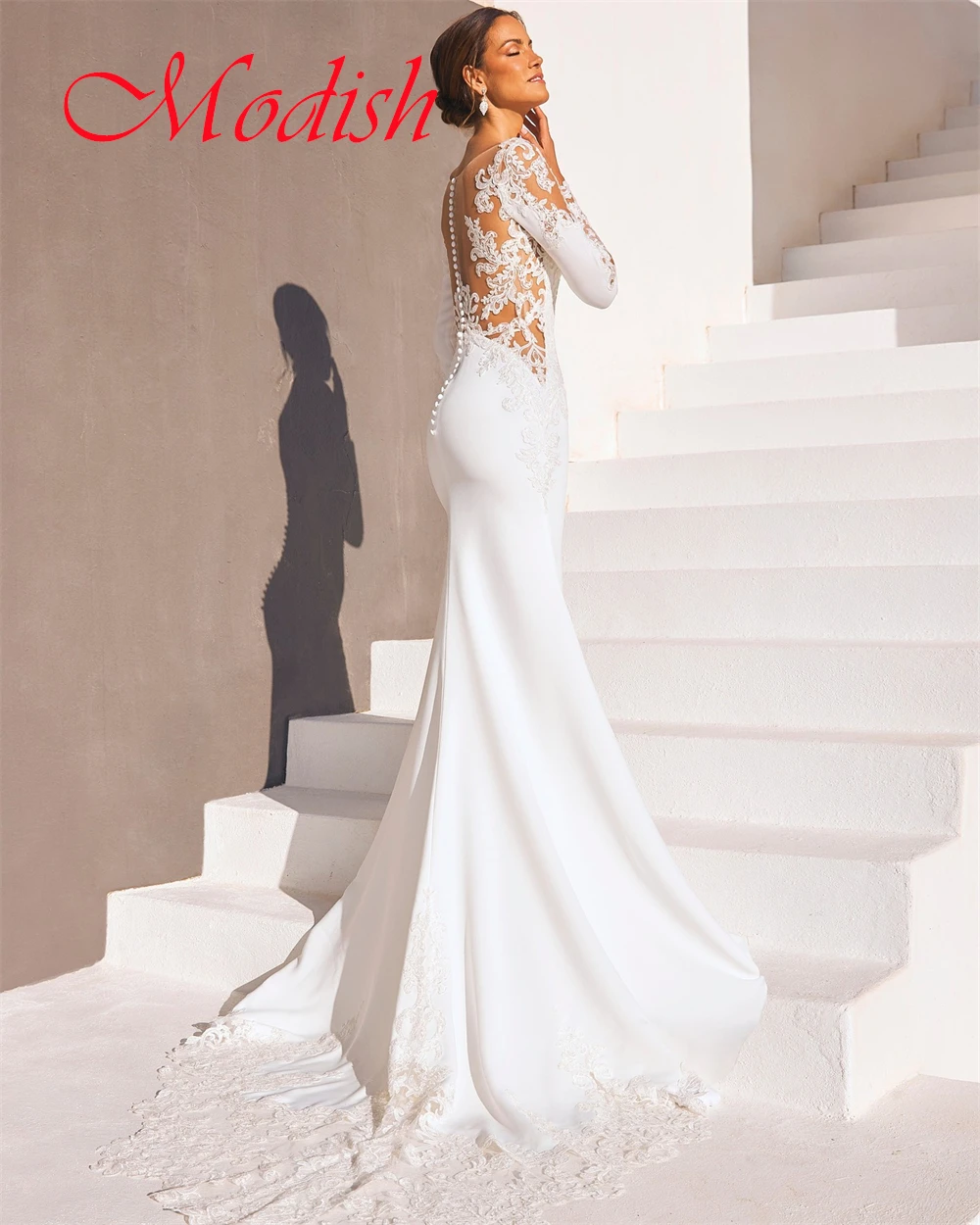 Abito da sposa in jersey bianco puro personalizzato Delicato scollo a V maniche lunghe Robe de mariée Bottoni classici sul retro Vestido De Novia