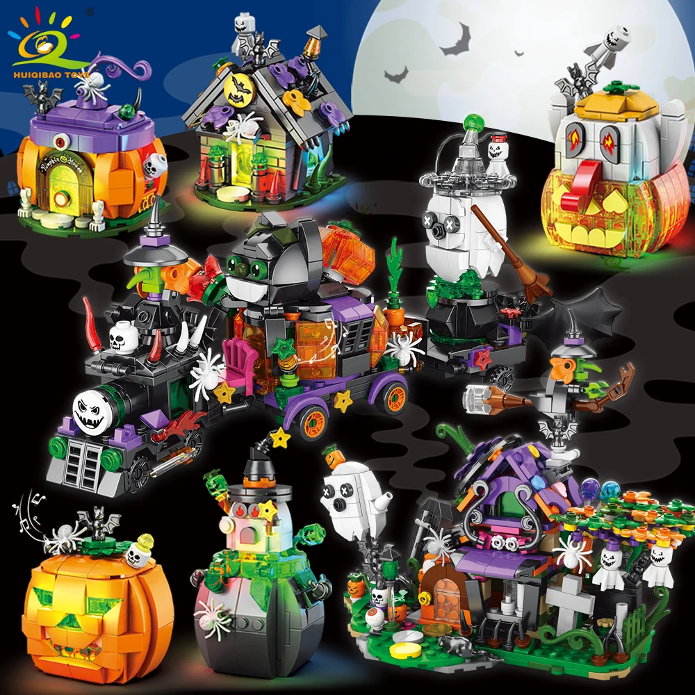 HUIQIBAO Halloween Model Building Blocks City Pumpkin Ghost House Train Car MOC Bricks Set Toy for Children Home Decoration Gift