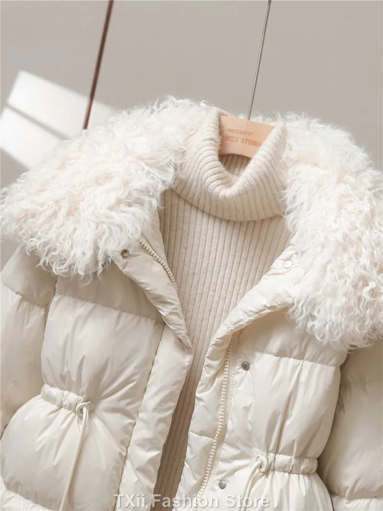 Winter Women Faux Lamb Wool Collar Lapel Drawstring Coat Lady Casual White Duck Down Coat Midi Puffer Parka Outwear