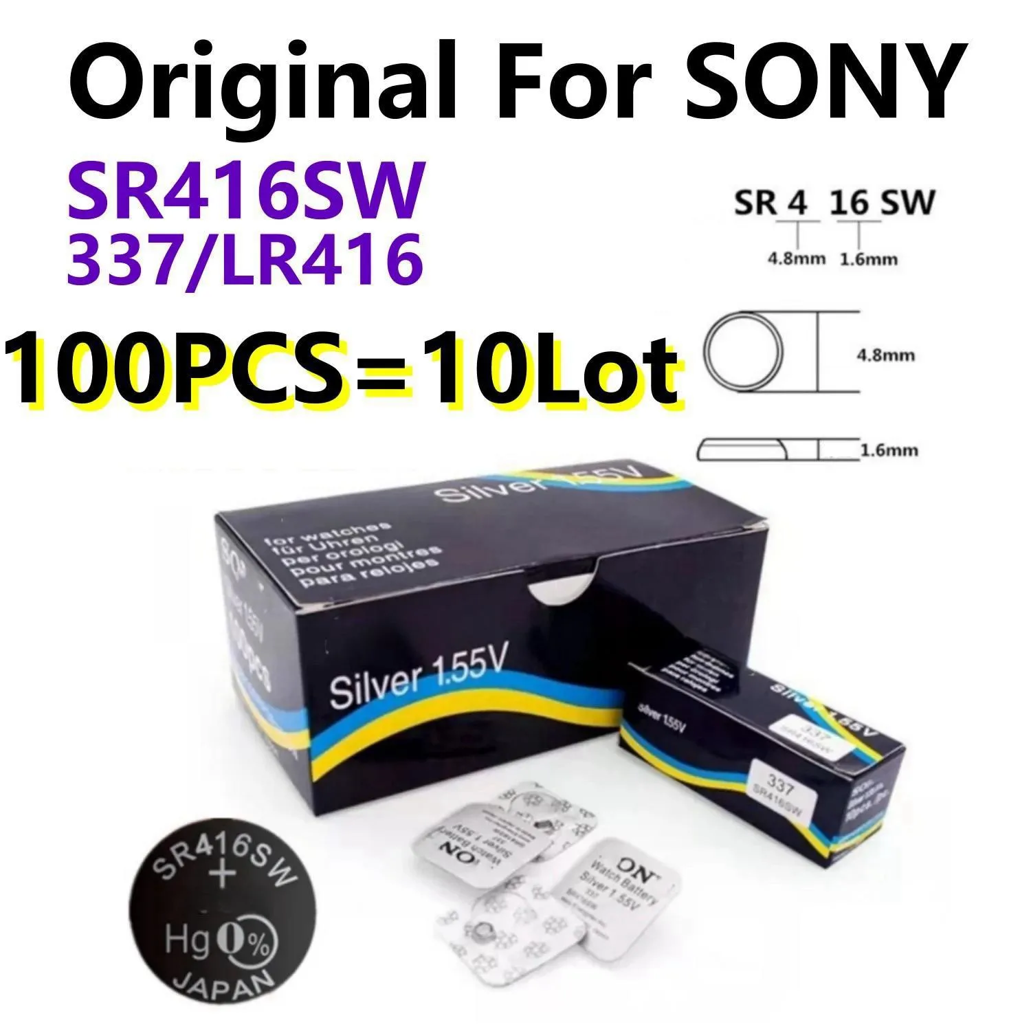 

100pcs 337 Original For SONY battery sr416sw button cell batteries 1.55V Silver Oxide battery for mini wireless earpiece watch