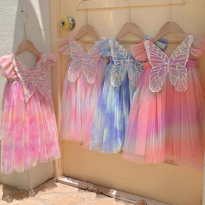 

Summer New Toddler Baby Girls Princess Dress Flying Sleeve Rainbow Sweet Kid Stereoscopic Wings Mesh Cute Birthday Party Dresses