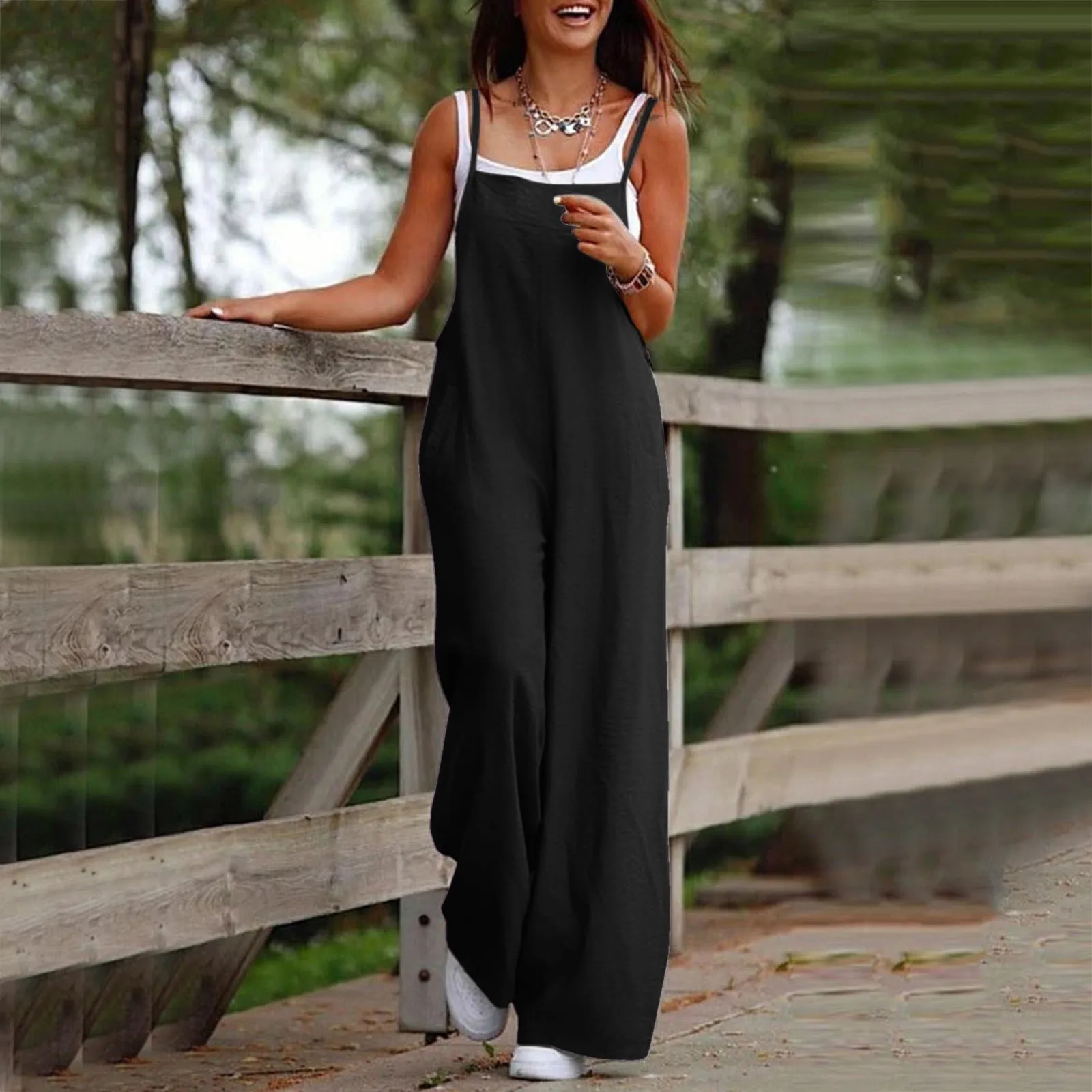 Casual Summer Loose Fit Romper For Women Solid Color Sleeveless Wide Leg Playsuit Female Fashion Commuting Jumpsuit Lady Clothes