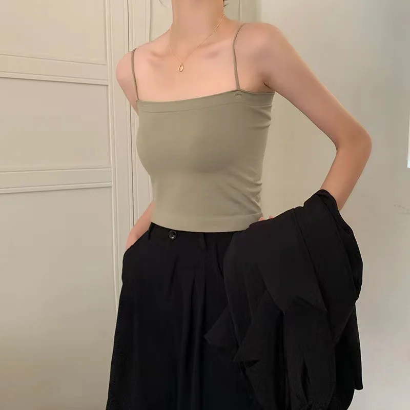 Black White Integrated Sexy Women's Summer Camisole Vest Inner Wear Outerwear with Chest Pad Short Straight Cut Nylon Spandex