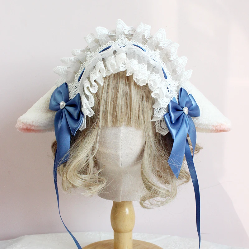 Lolita Girl Headdress Soft Cute Lamb Ears Kawaii Hair Band Soft Sister Headband Lace Bowknot Pearl Edge Clip Hair Accessories