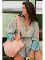 BOHO INSPIRED floral print ROMPER for women adjustable tie long sleeve V-neck boho playsuits women holiday summer playsuits - Image 2