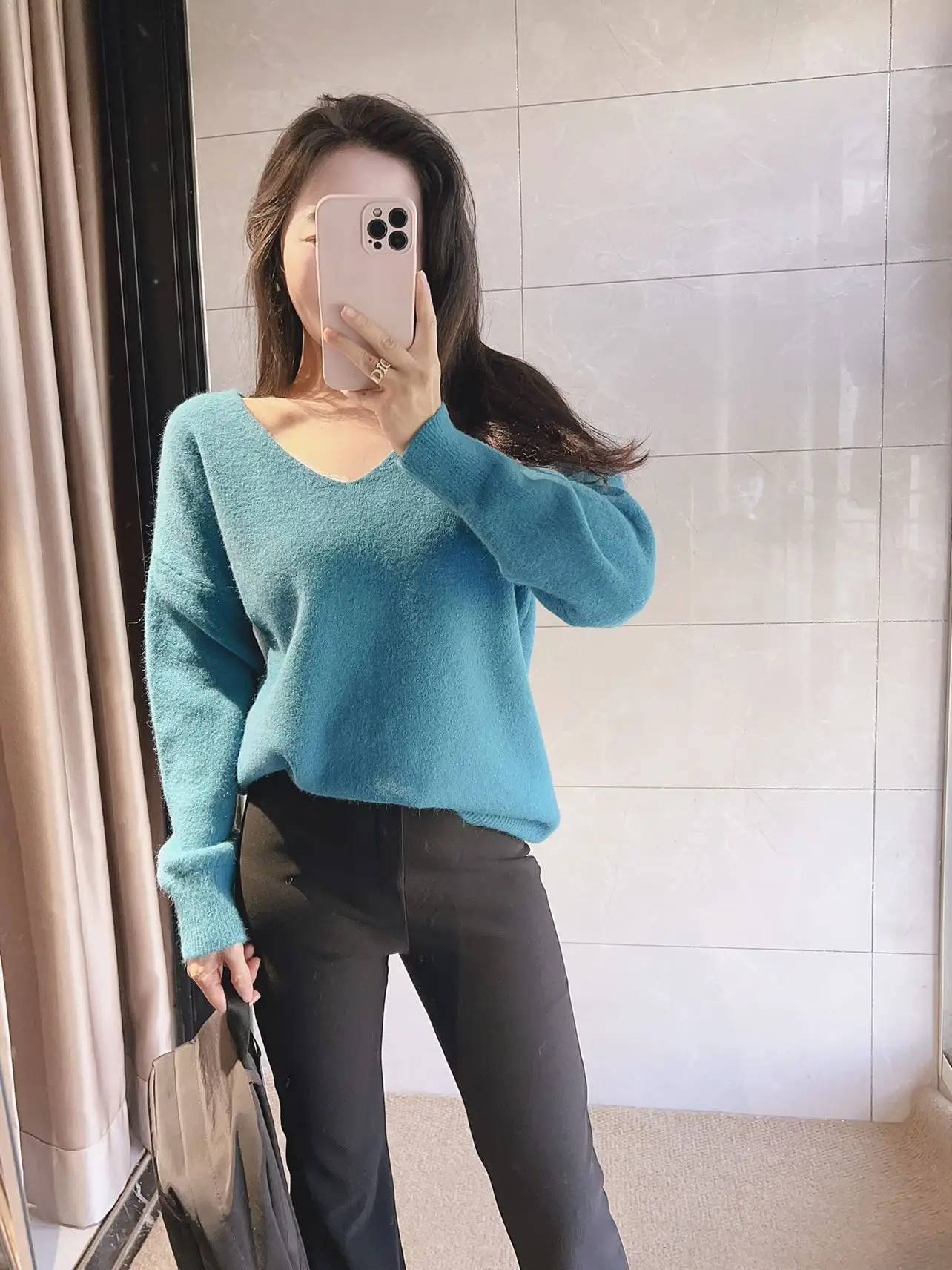 

Soft Woolen Knitted Sweater Romantic V-ne Peaco Blue Princ Sle Women's Faion French Loose Fit Long Sve Top