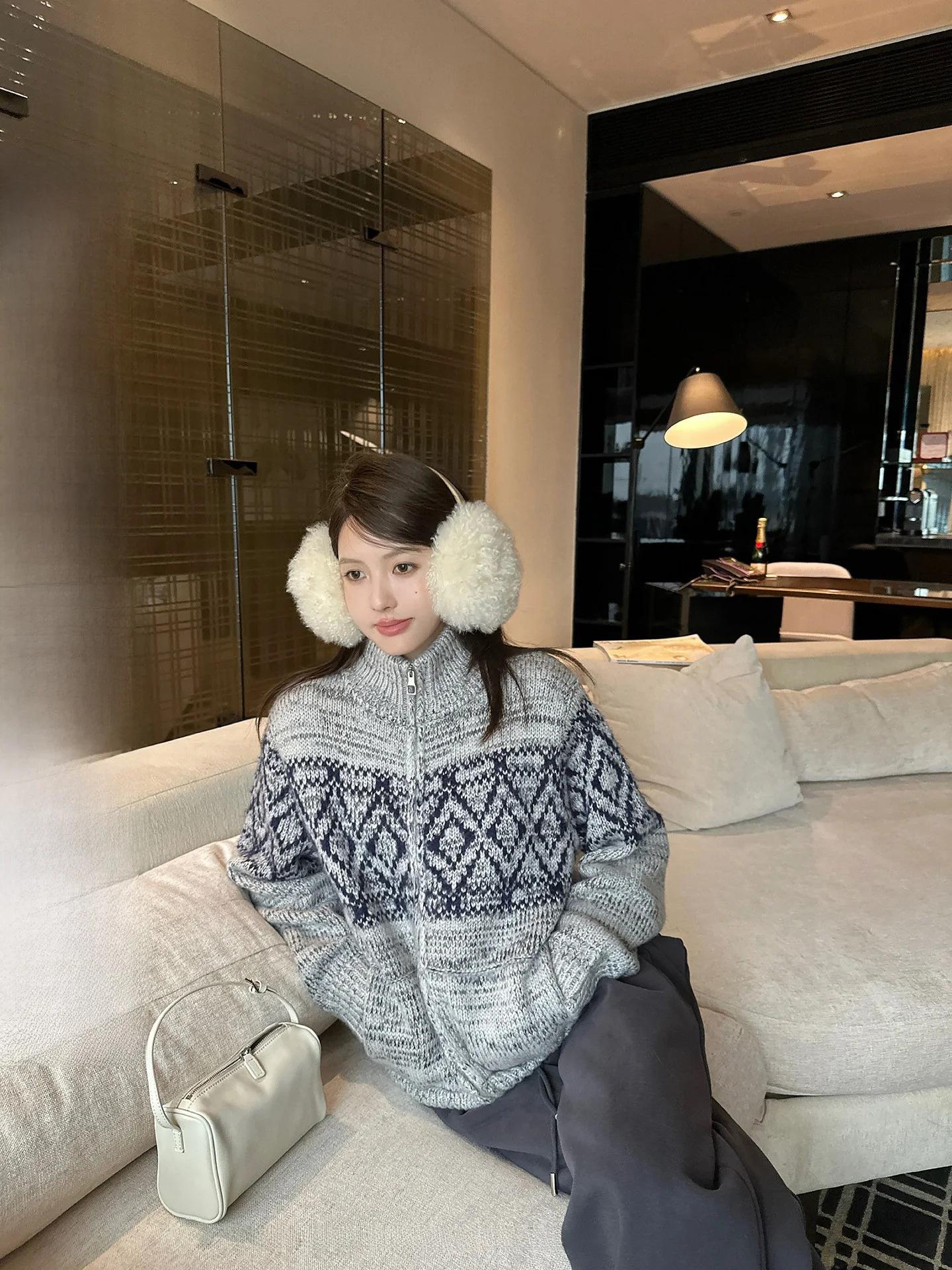 

Вязаный кардиган NingSi Fair Isle на молнии для женщин: осенне-зимний повседневный свободный крой, стильный дизайн, верхняя одежда