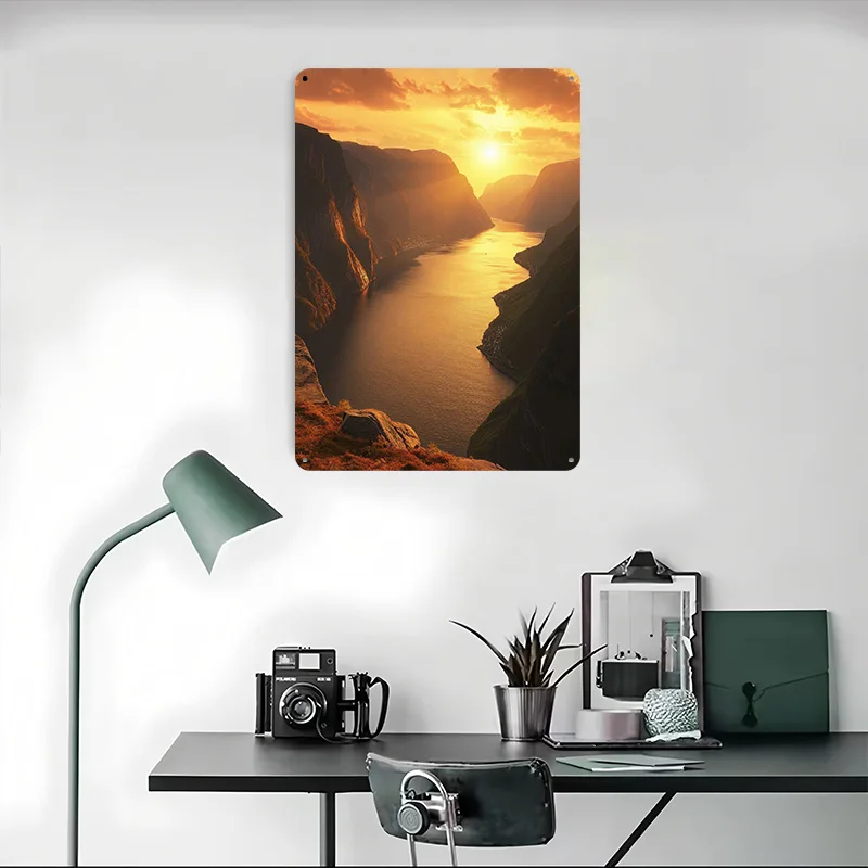 ملحقات شريط ملصق معدني للمناظر الطبيعية من Sunset Fjord لديكور المنزل، علامات قصدير معدنية قابلة للتخصيص لتزيين جدران الفن القديم