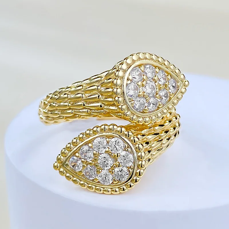 2023 New Brushed Craft Full Diamond Inlaid Droplet Ring 925 Silver Opening Adjustment Ring