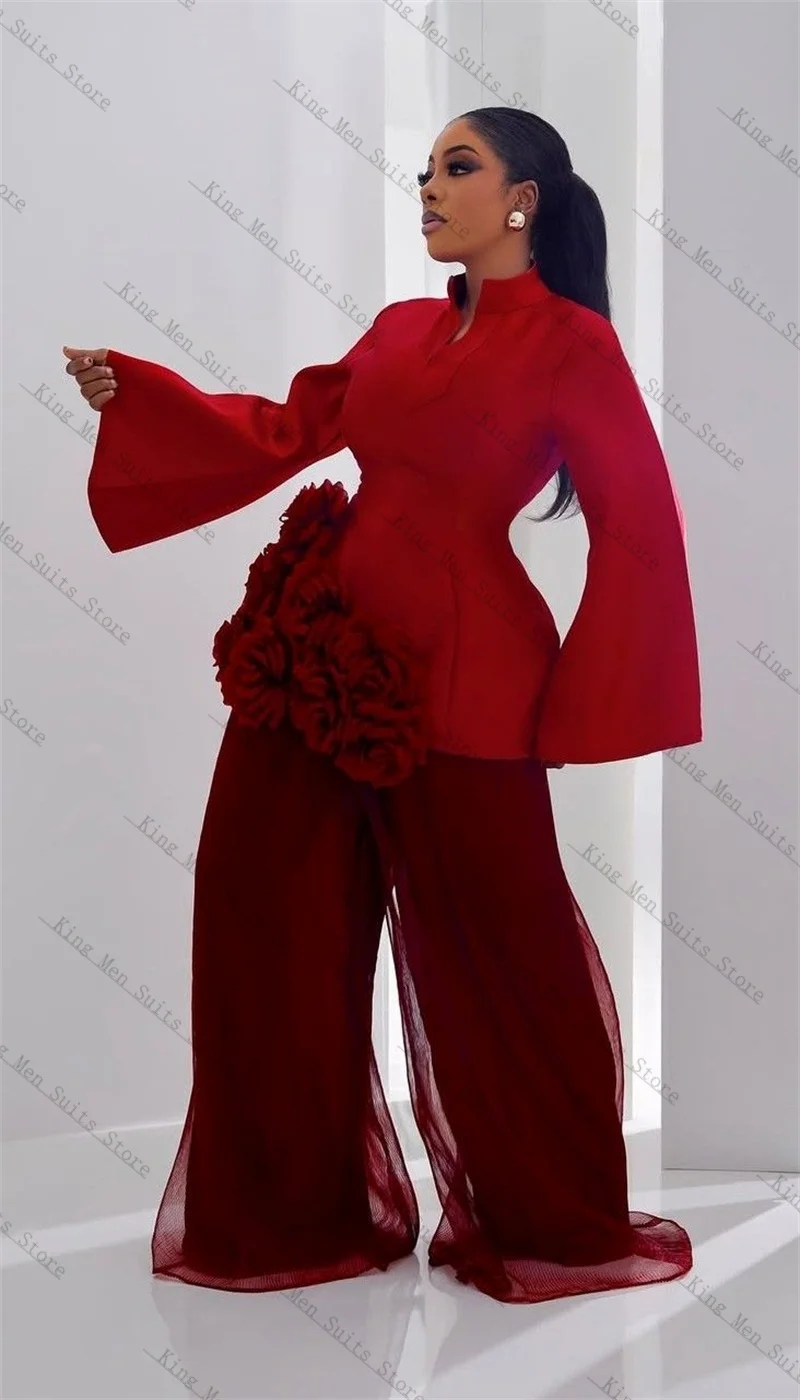 Set completo da donna bordeaux 2 pezzi blazer + pantaloni larghi a gamba larga pantaloni giacca cappotto smoking da matrimonio formale personalizzato fiore 3D