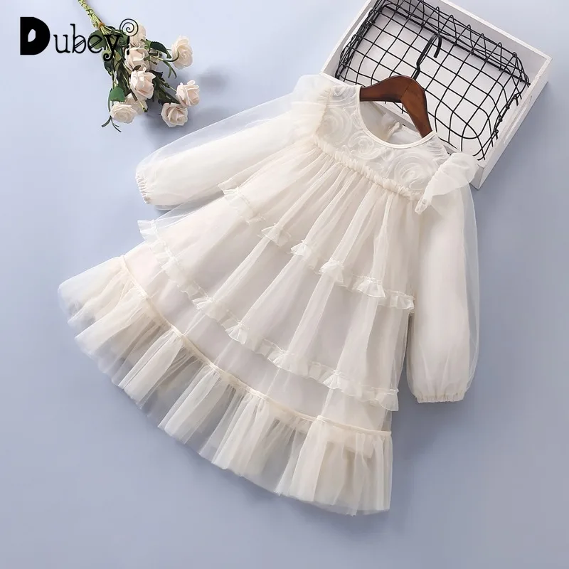Long Sleeve Tulle Dress for Kids Girls 3-8 Years Old Elegant Children Spring Autumn Princess Costumes Little Girl Clothes