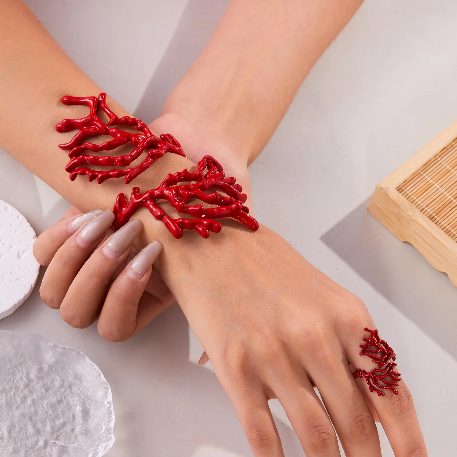 Beach Coral Shaped Ring Bracelet Combination Set for Women's Hip Hop Exaggerated Handmade