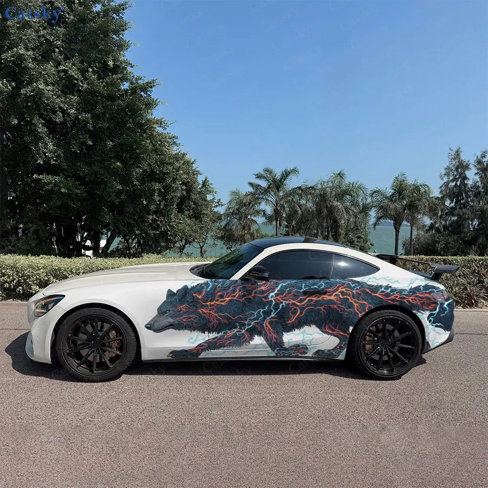 2pcs Electric Current Wrapped Wolf Car Side Wraps, Self-Adhesive PVC Waterproof & Scratch-Resistant Stickers, Car Accessory Gift
