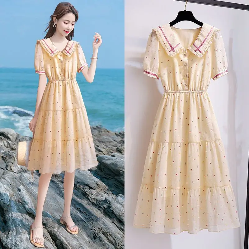 

2026 New Long Print Buttons Dresses Women Summer Student Loose Chiffon Dress Female Short Sleeve A-line Vestidos U154