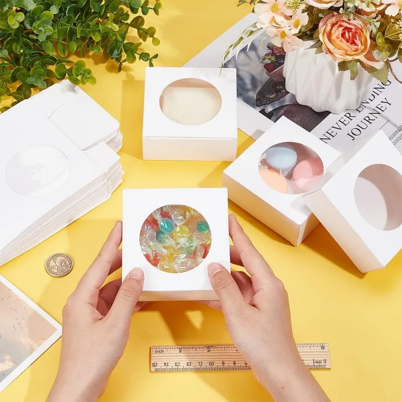 صناديق ورقية مربعة بنافذة مستديرة ، صناديق مخبز بيضاء من ورق الكرافت ، صناديق تعبئة هدايا لكعكة الحلوى ، من من 24 عبوة #3