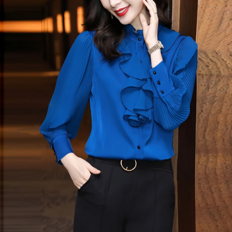 Spring Autumn New Fashion Solid Long Sleeve Ruffles Blouse Women\'s Clothing Loose Button Temperament All-match Simplicity Shirts