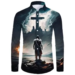 La cruz de moda 3D camisas sobre Jesús Love Everone ropa cristiana para hombres, nueva llegada, solapa de verano, camisa de manga larga, Tops