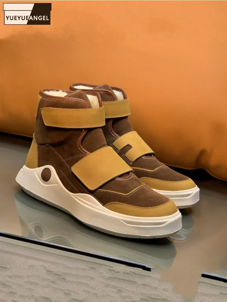 Men Comfortable Winter Fashion Hook Loop Suede Patchwork Genuine Leather Fleece Liner Warm Round Toe Non Slip Male Ankle Boots