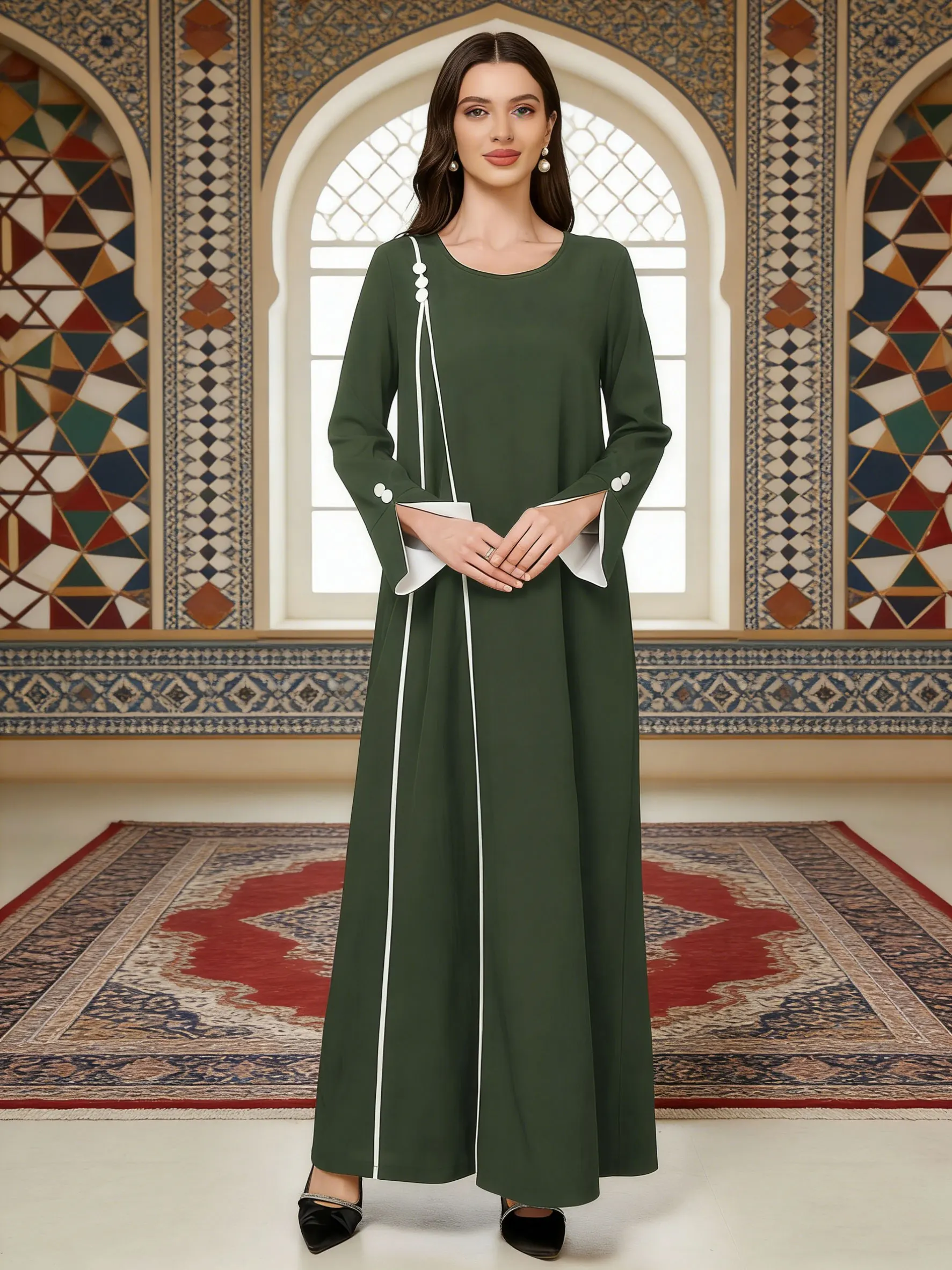 

Темно-зеленая Абая с контрастной отделкой и пуговицами, женские мусульманские марокканские кафтаны, Рамадан Джалабия, ислам, Дубай, арабские халаты