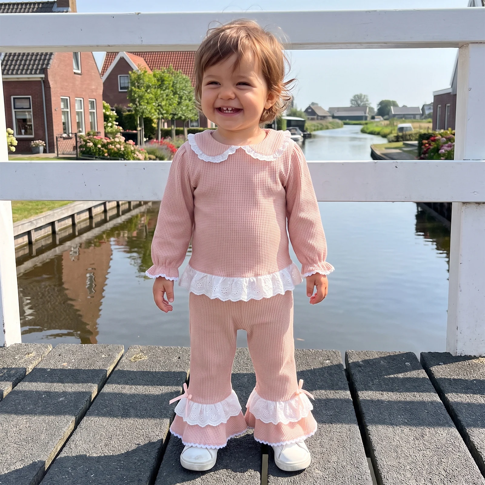 Early Autumn Toddler Baby Girls' Pink Waffle Patchwork Ruffle Long-Sleeve Pullover Top with Casual Flared Pants Baby's Sets
